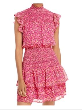 NWT AQUA Pink Gold Printed Smocked Ruffle Mock Neck Dress Size XL (Fits Smaller)